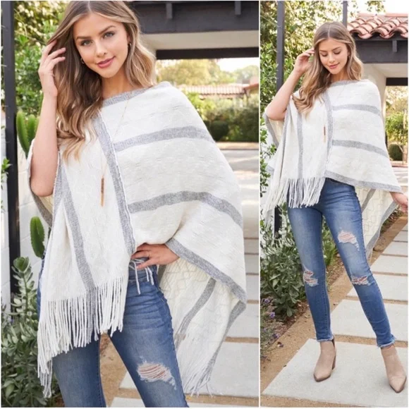 1 LEFT! Women’s Fringe Tassel Striped Lightweight Summer To Fall Cute Poncho - Picture 1 of 4